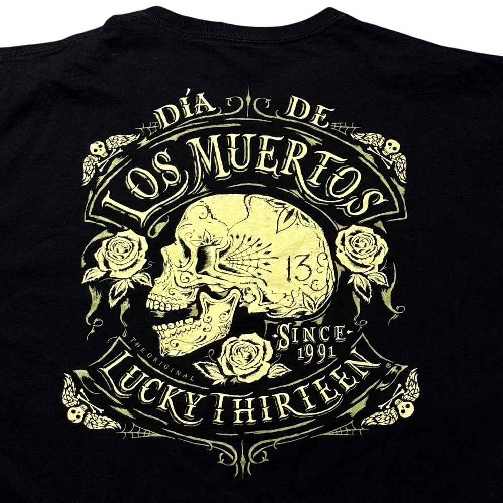 Lucky 13 Mens Black Dia De Los Muertos Skull Roses T Shirt Size 3XL